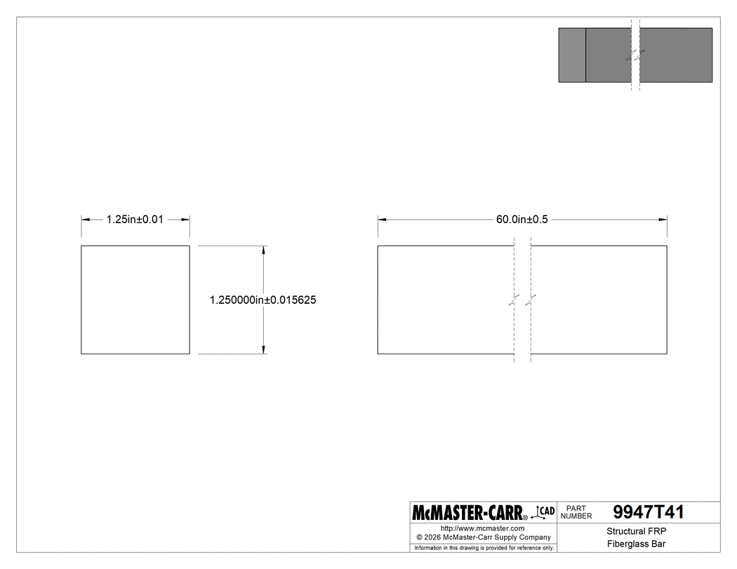 Technical Drawing of Structural FRP Fiberglass Bar, 5 Feet Long, 1-1/4" Thick.